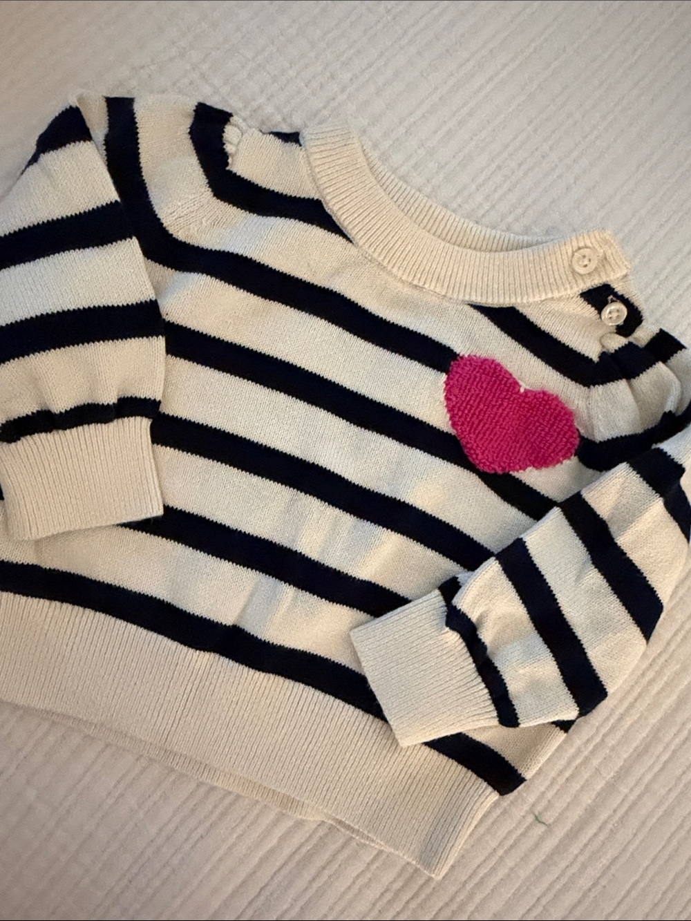 GAP Cream and Navy Striped Crewneck Sweater with Pink Heart